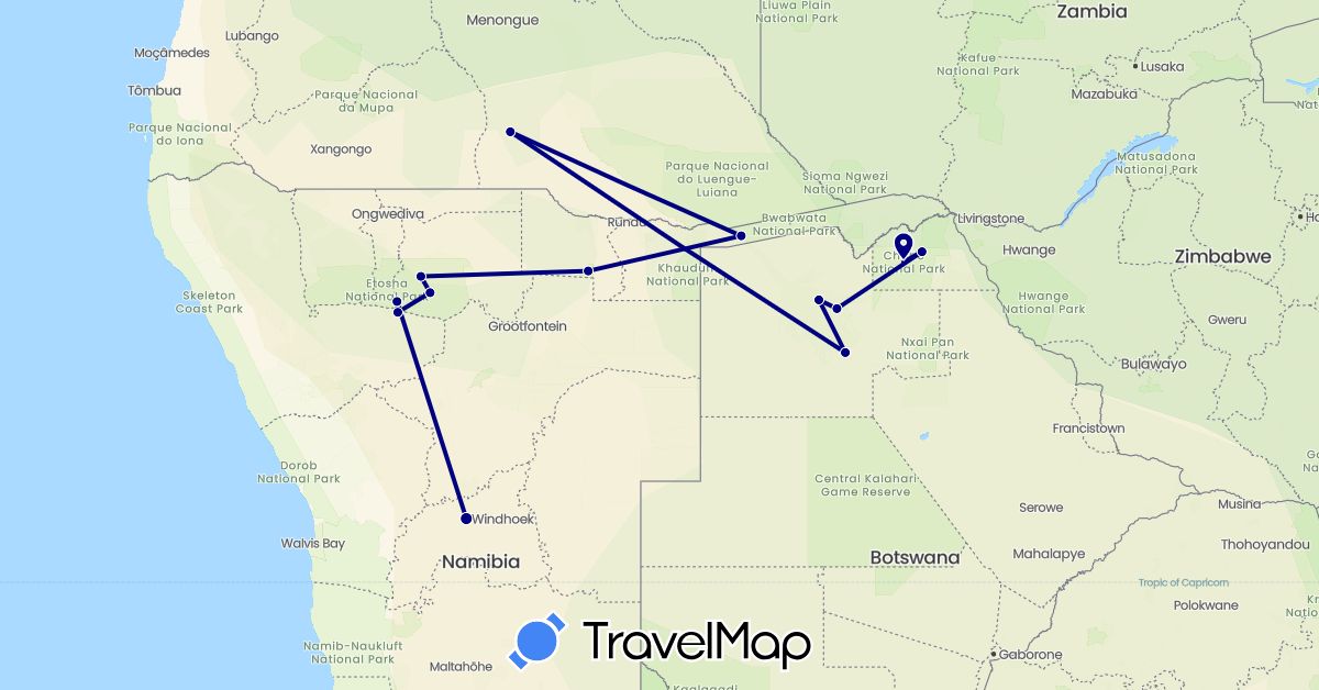 TravelMap itinerary: driving in Angola, Botswana, Namibia (Africa)